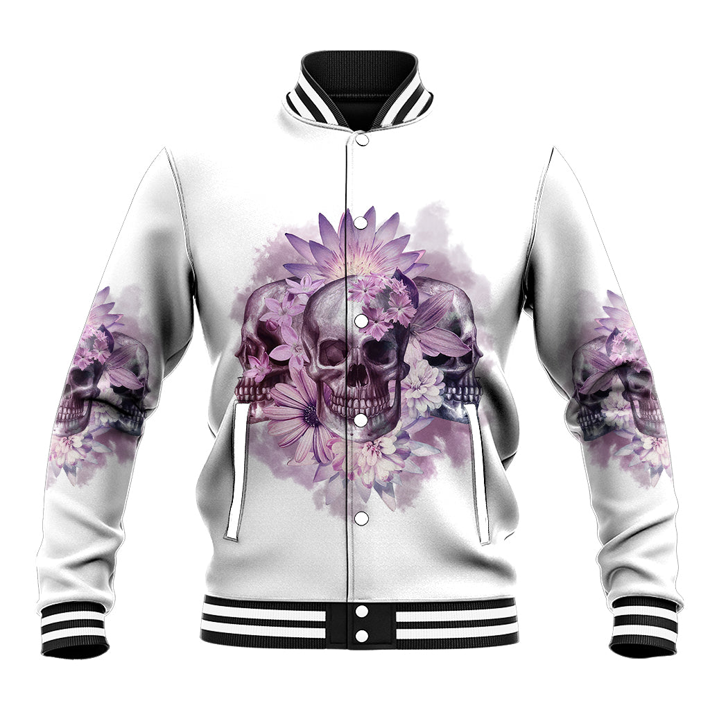 White baseball jacket with purple skull front graphic, button-front hoodie, ribbed striped collar.