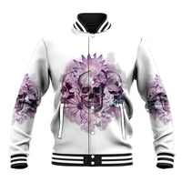 White baseball jacket with purple skull front graphic, button-front hoodie, ribbed striped collar.