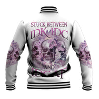 White baseball jacket with purple skull-and-floral back graphic, ribbed striped collar and cuffs.
