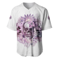 White baseball jersey, front view, purple skull surrounded by flowers on button placket