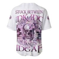 White baseball jersey, back view, purple skull with floral graphic and text