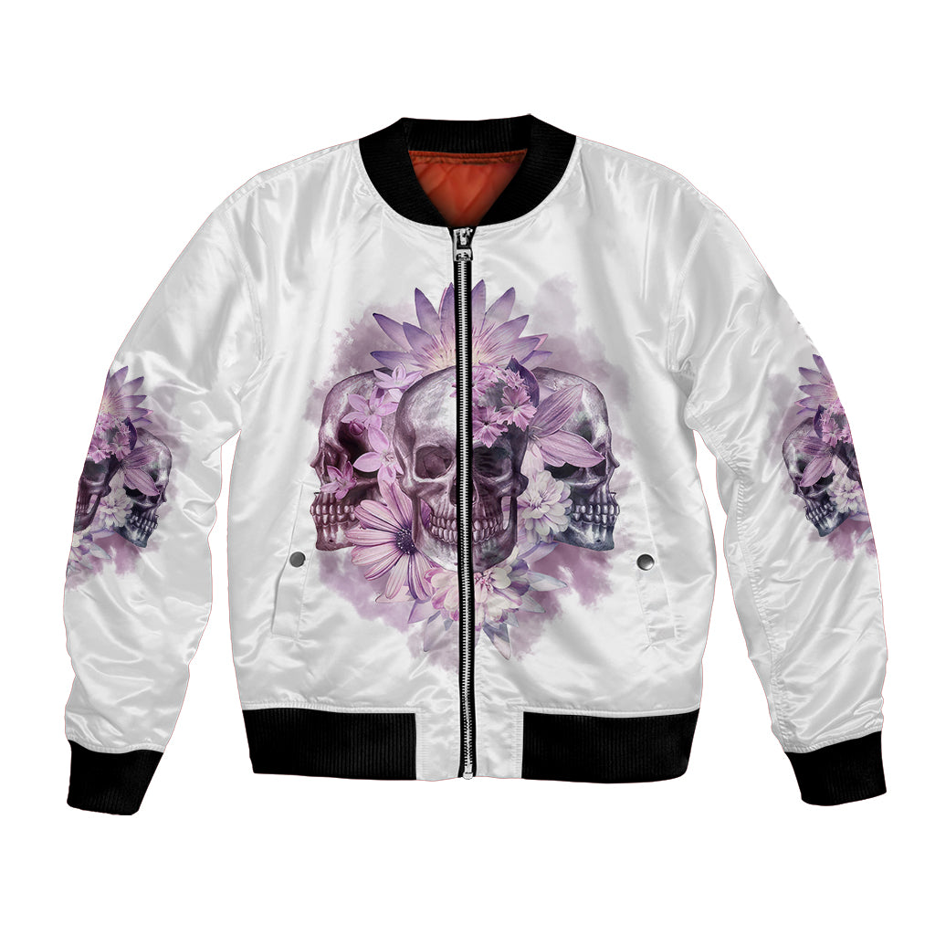 White bomber jacket with front zipper and purple skull floral print, ribbed black hem