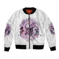 White bomber jacket with front zipper and purple skull floral print, ribbed black hem