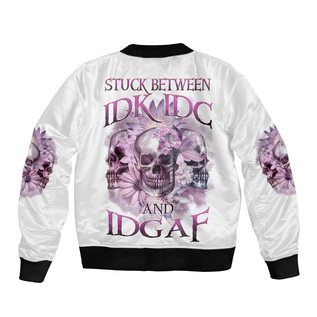 White satin bomber jacket with purple skull graphic and ribbed black cuffs