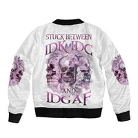 White satin bomber jacket with purple skull graphic and ribbed black cuffs