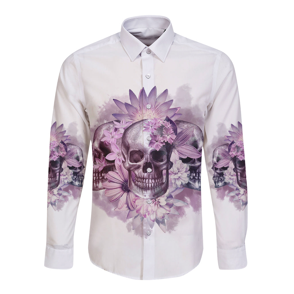 White long-sleeve button shirt with front purple skull and flower graphic