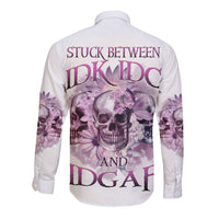 White long-sleeve button shirt with back purple skull and floral graphic