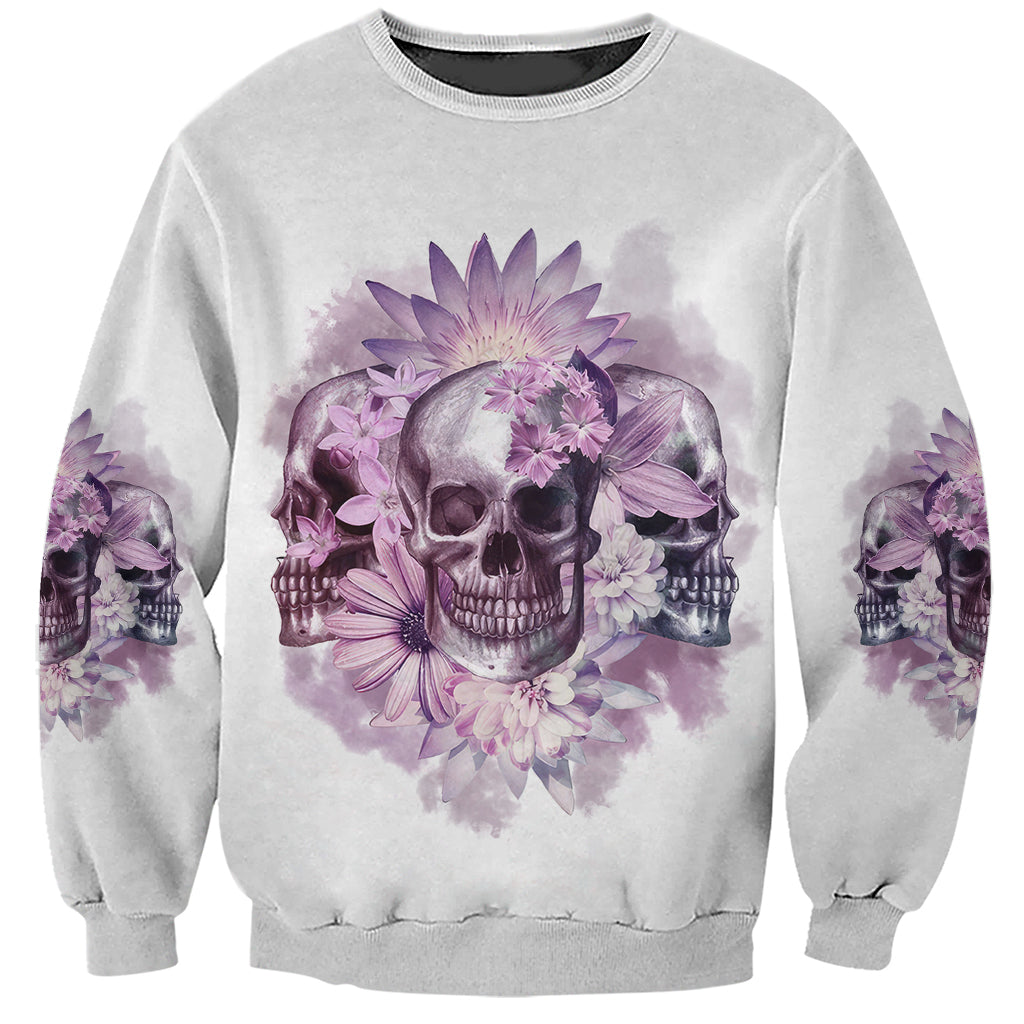 Unisex light gray skull sweatshirt with large purple floral skull front graphic