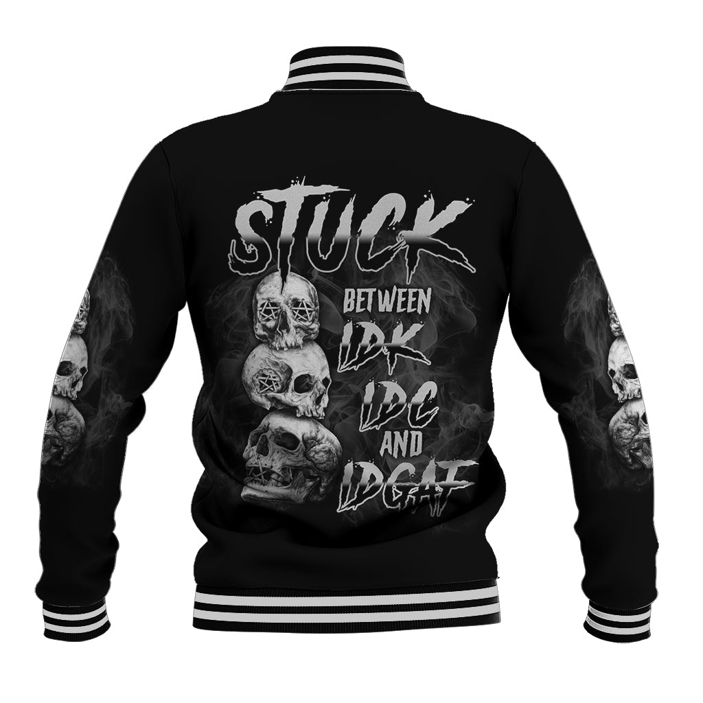 Black varsity baseball jacket with striped rib collar and back skull graphic