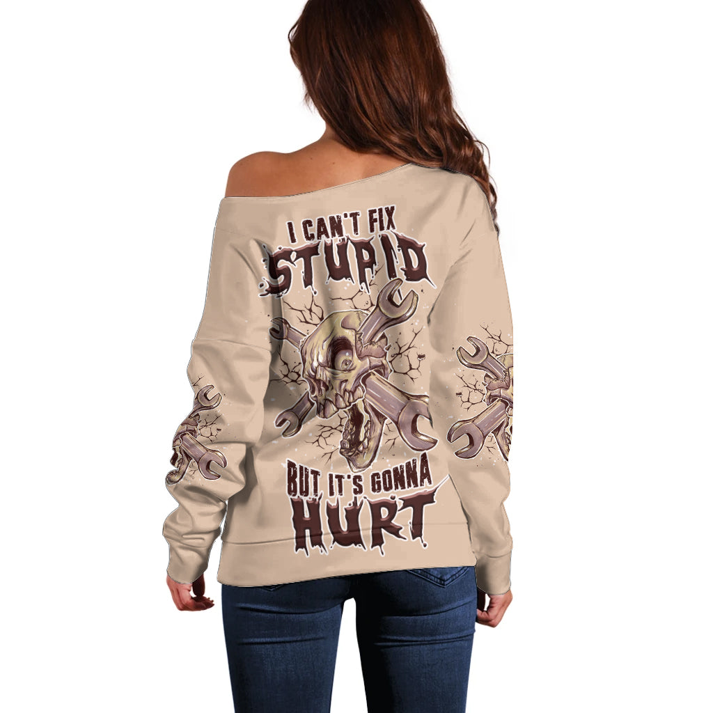 Beige off-shoulder sweater with full back graphic and long sleeves