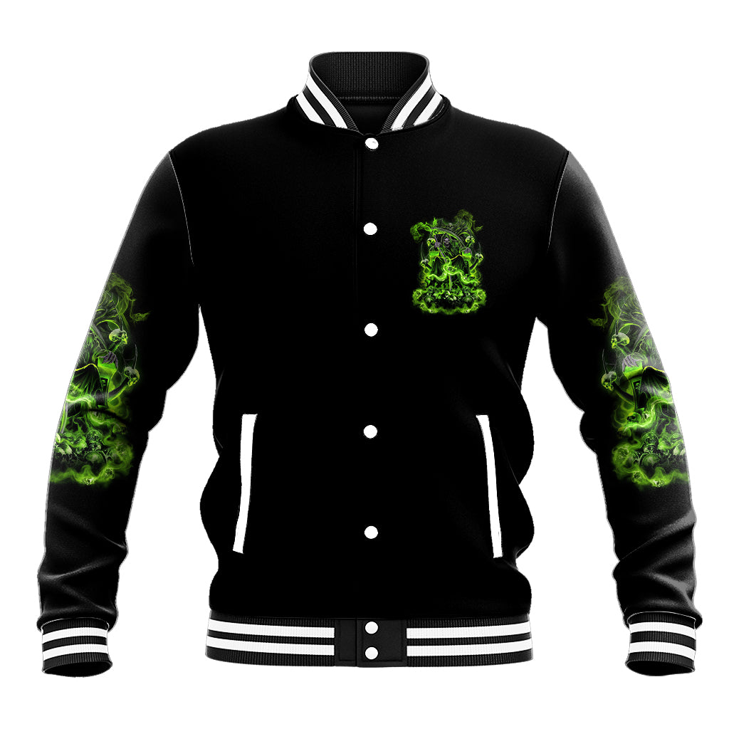 Unisex black baseball jacket with neon green chest graphic; snap front, striped ribbed collar