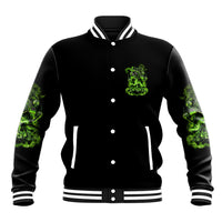 Unisex black baseball jacket with neon green chest graphic; snap front, striped ribbed collar