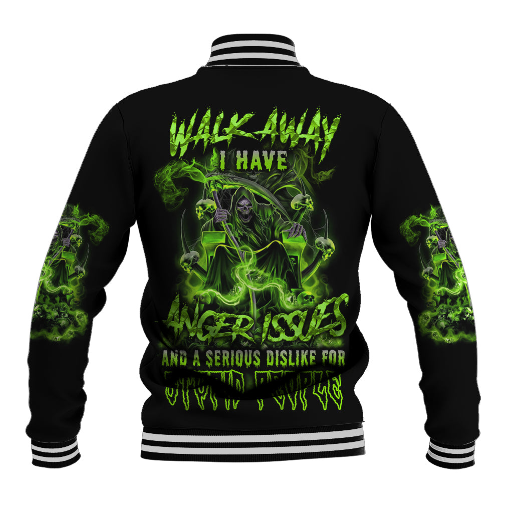 Unisex black baseball jacket with neon green graphic on back; striped ribbed collar and cuffs