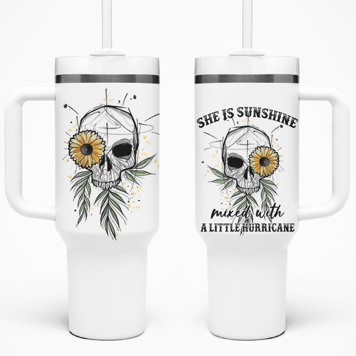 She Is Sunshine Skull Sunflower Tumbler With Handle