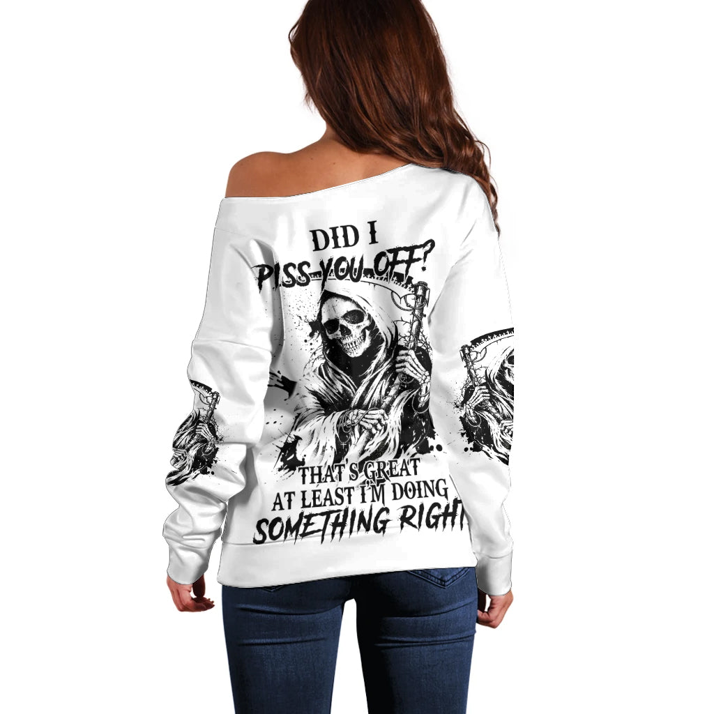 Off-shoulder white sweater with large skull and quote graphic on back, long sleeves