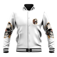 Unisex baseball jacket, light gray with front skull-flower patch, button front, striped collar