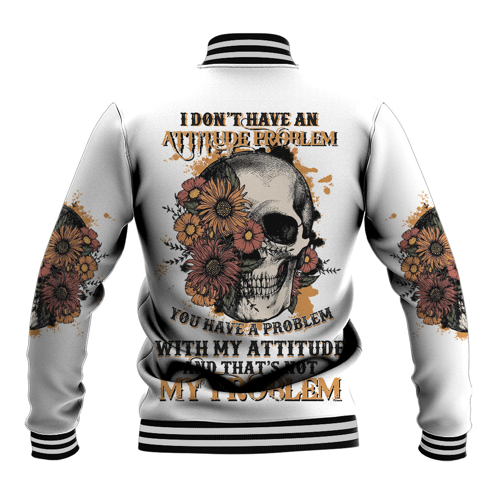 Unisex baseball jacket, light gray with skull graphic and floral sleeve print, ribbed cuffs