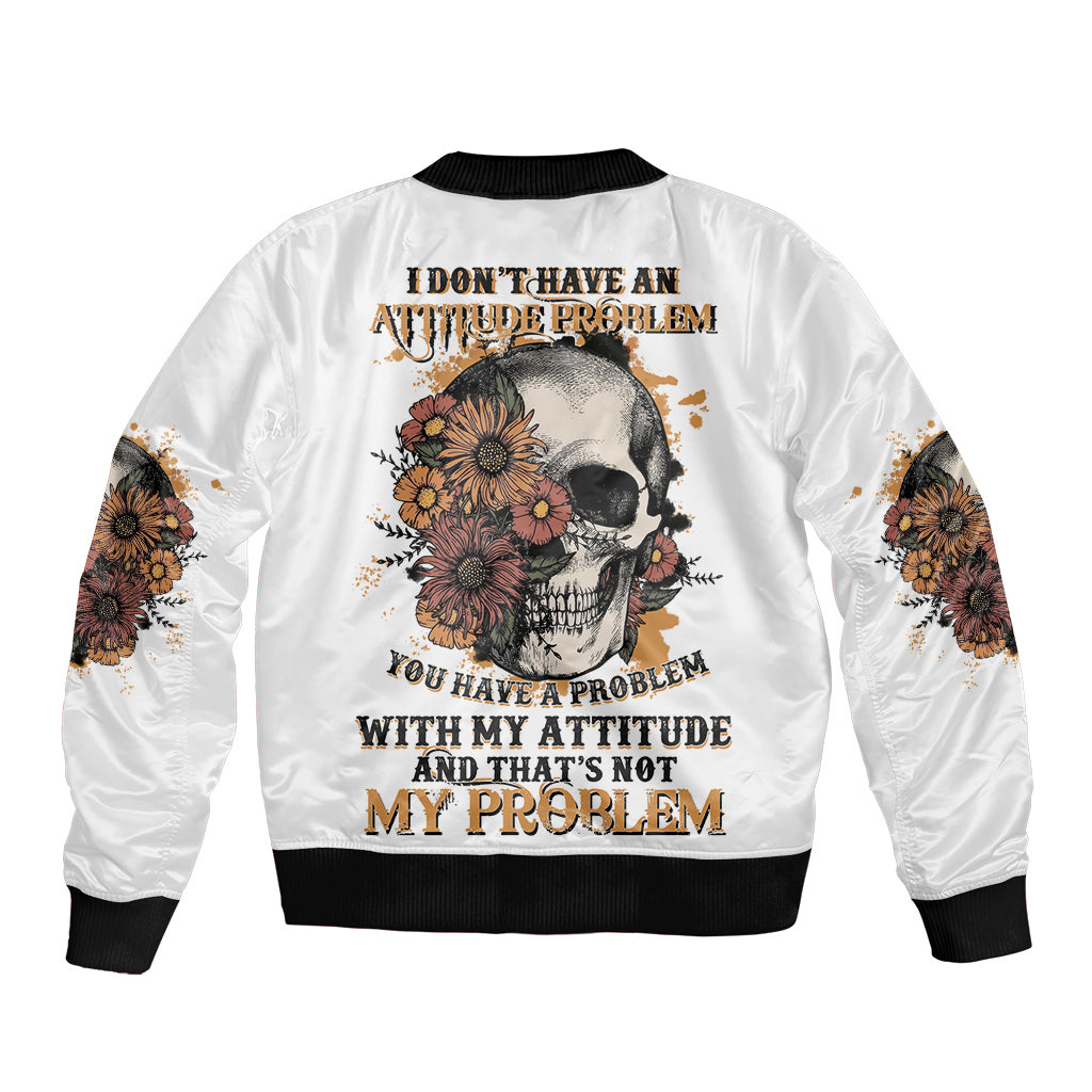 White bomber jacket with skull and floral graphic on back, ribbed hem and cuffs
