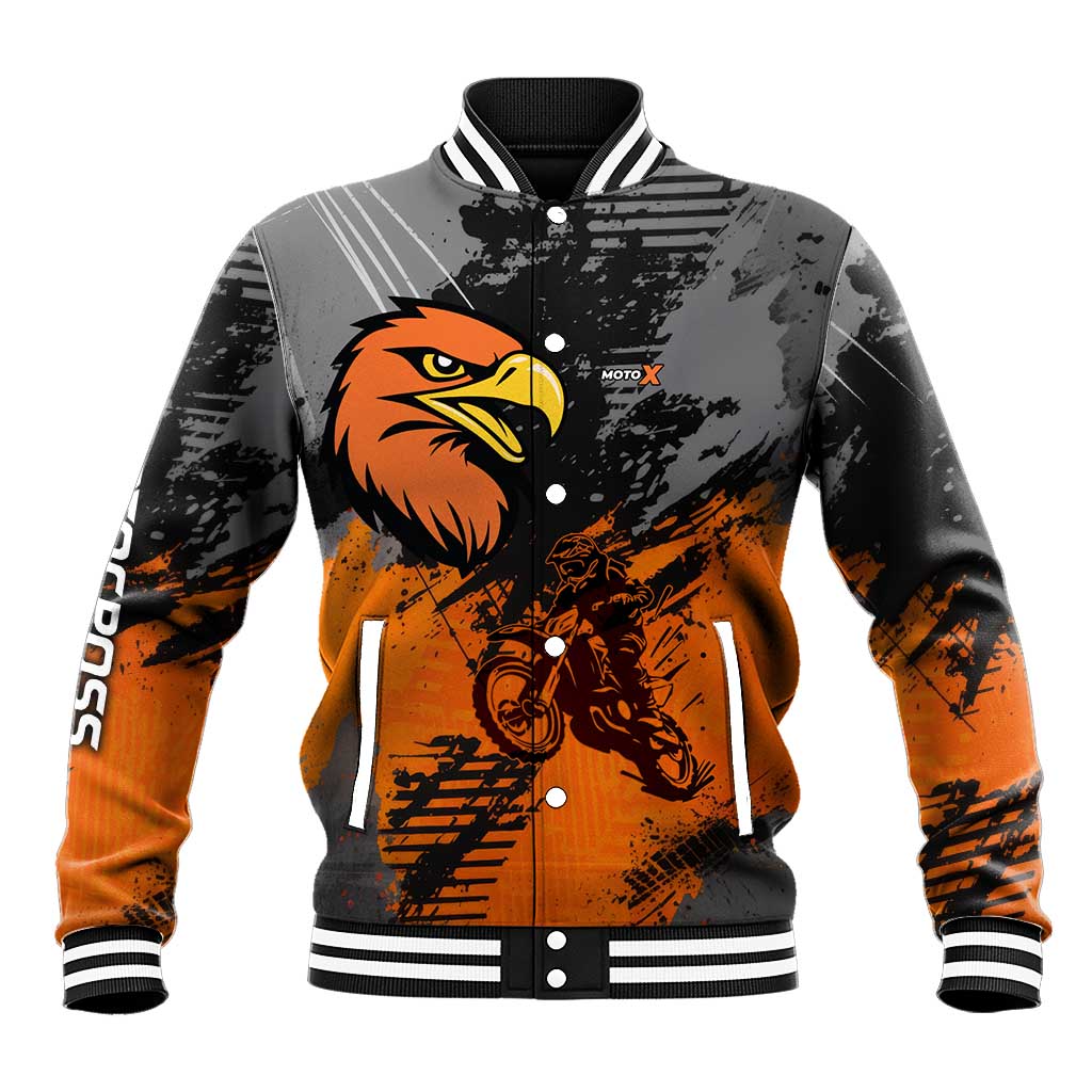 Custom MotoX Eagle Strike Motocross Baseball Jacket with Rider Silhouette and Orange Grunge Design - Wonder Print Shop