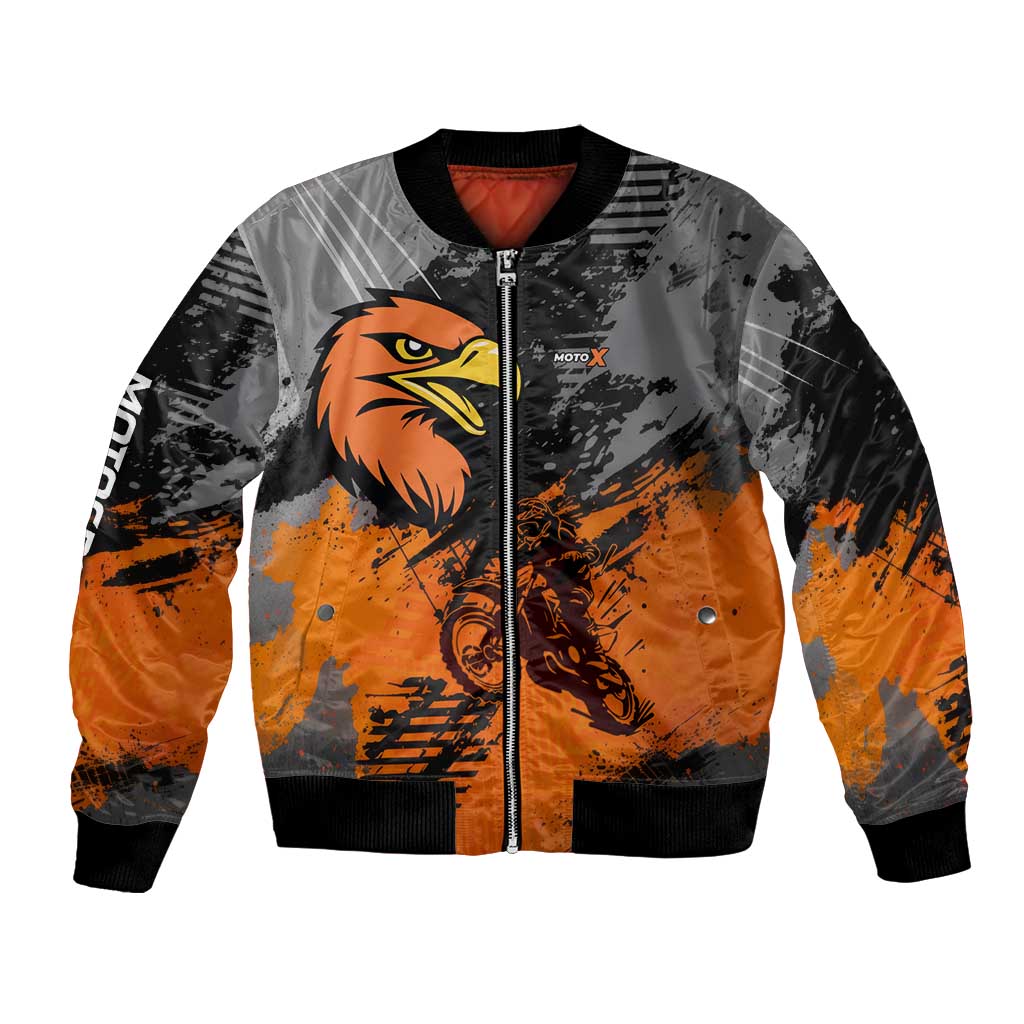 Custom MotoX Eagle Strike Motocross Bomber Jacket with Rider Silhouette and Orange Grunge Design - Wonder Print Shop