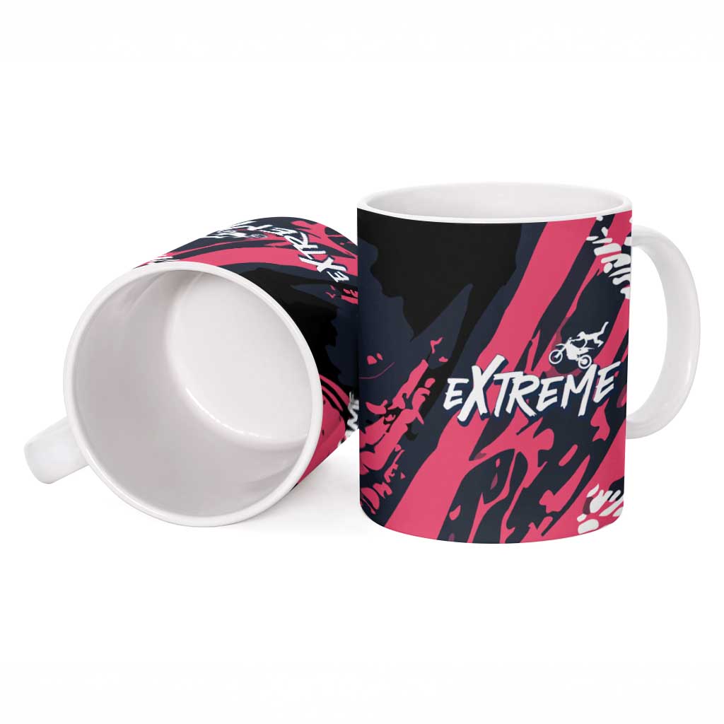 Custom Extreme Motocross Pink Ceramic Mug with Bold Tire Track Graphics - Wonder Print Shop