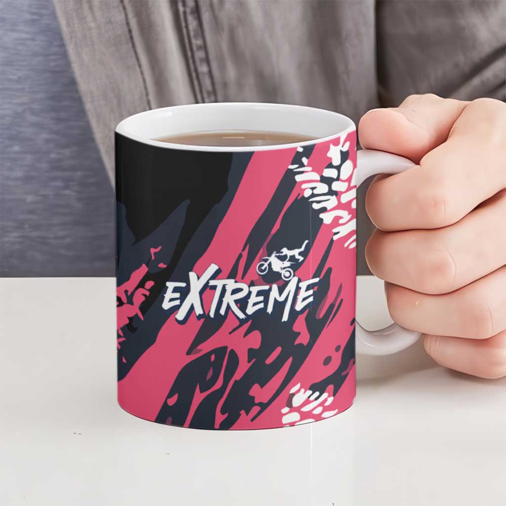 Custom Extreme Motocross Pink Ceramic Mug with Bold Tire Track Graphics - Wonder Print Shop