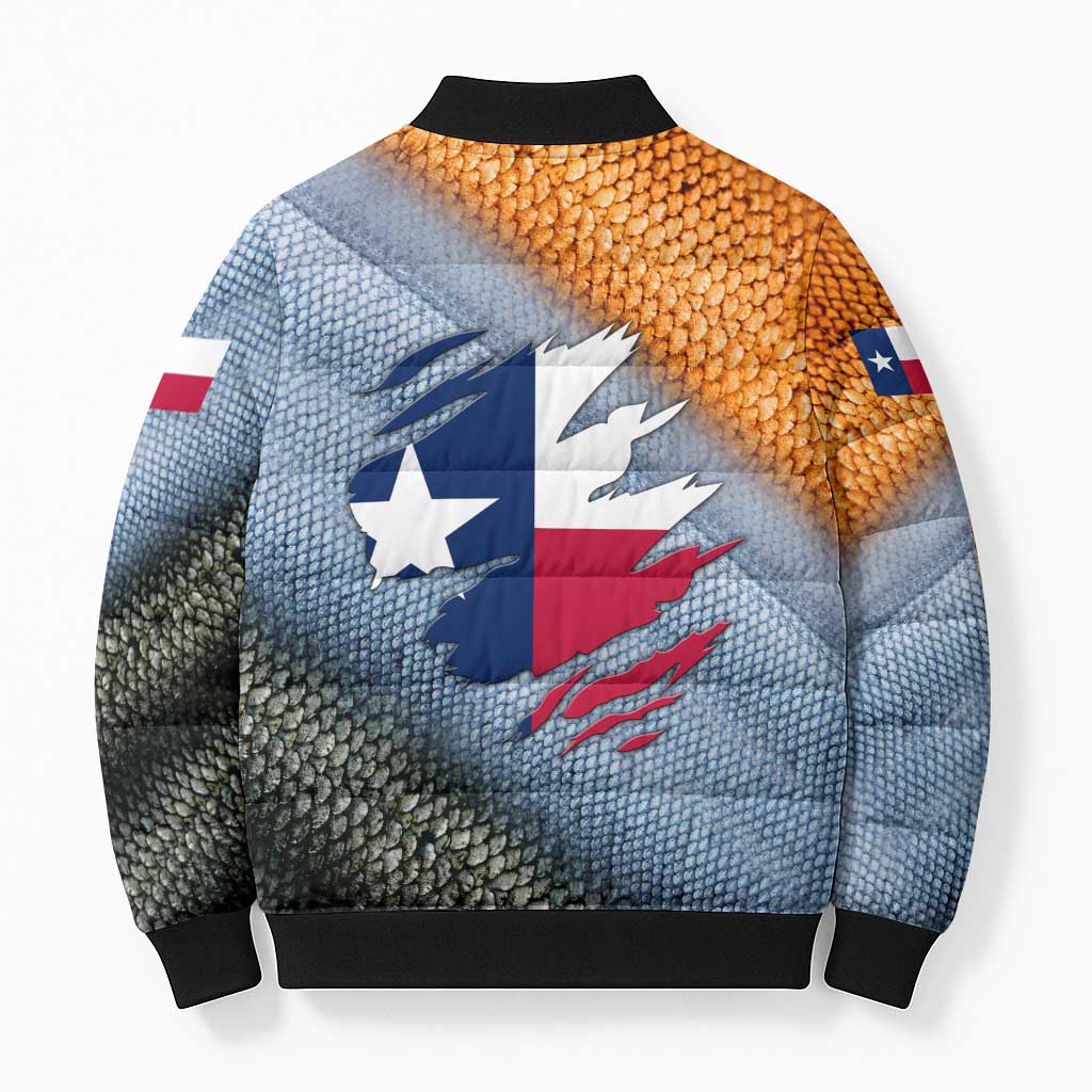 Custom Texas Flag Bomber Puffer Jacket with Ripped Effect and Fish Scale Pattern - Wonder Print Shop