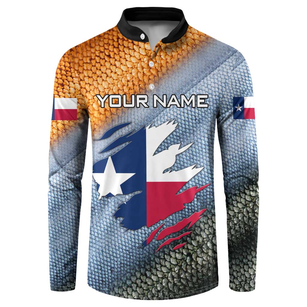 Custom Texas Flag Button Sweatshirt with Ripped Effect and Fish Scale Pattern - Wonder Print Shop