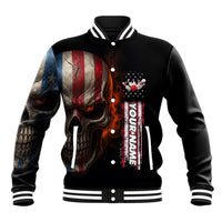 Custom American Flag Skull Baseball Jacket with Bowling Pins Flame Effect and Grunge Pattern - Wonder Print Shop