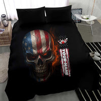 Custom American Flag Skull Bedding Set with Bowling Pins Flame Effect and Grunge Pattern - Wonder Print Shop