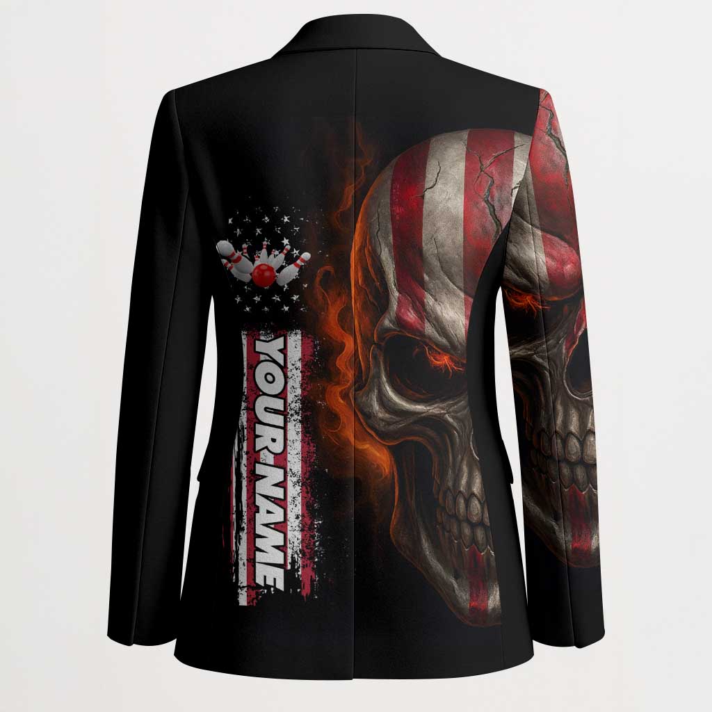 Custom American Flag Skull Blazer with Bowling Pins Flame Effect and Grunge Pattern - Wonder Print Shop