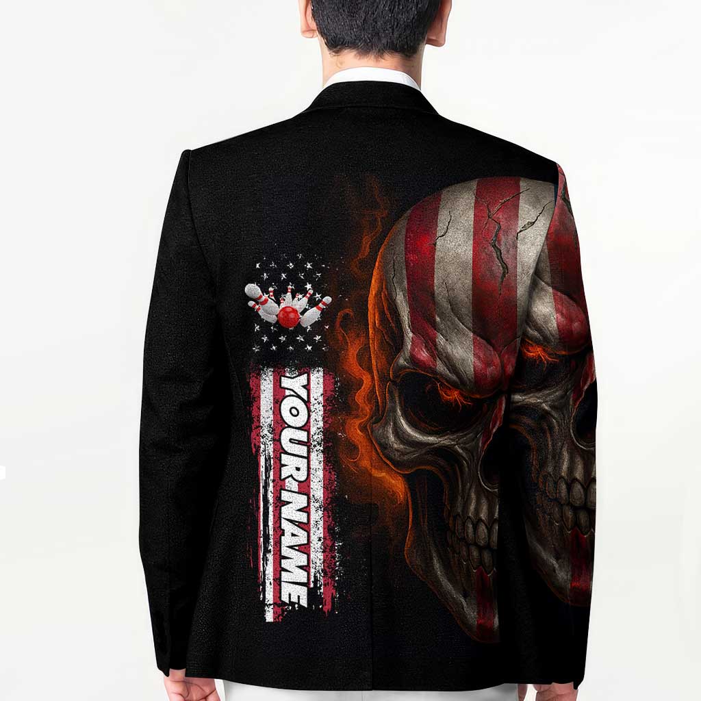 Custom American Flag Skull Blazer with Bowling Pins Flame Effect and Grunge Pattern - Wonder Print Shop