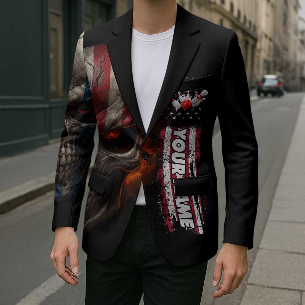 Custom American Flag Skull Blazer with Bowling Pins Flame Effect and Grunge Pattern - Wonder Print Shop