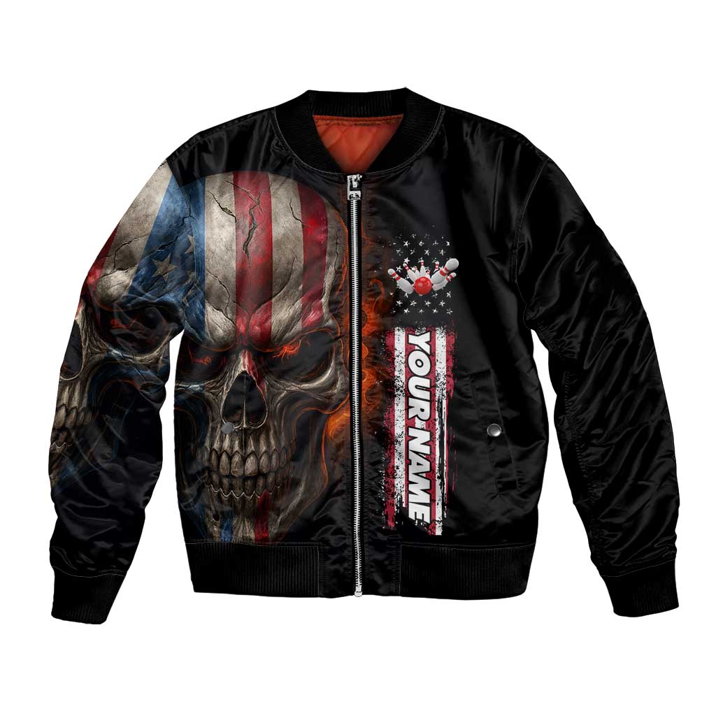 Custom American Flag Skull Bomber Jacket with Bowling Pins Flame Effect and Grunge Pattern - Wonder Print Shop