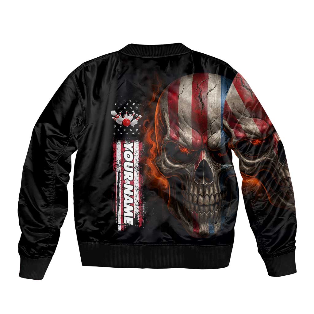 Custom American Flag Skull Bomber Jacket with Bowling Pins Flame Effect and Grunge Pattern - Wonder Print Shop