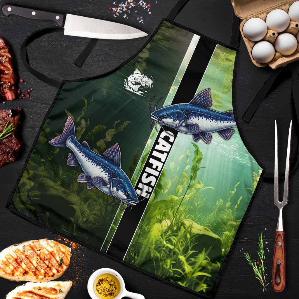 Catfish Fishing Apron with Underwater River Scene and Green Aquatic Pattern - Wonder Print Shop
