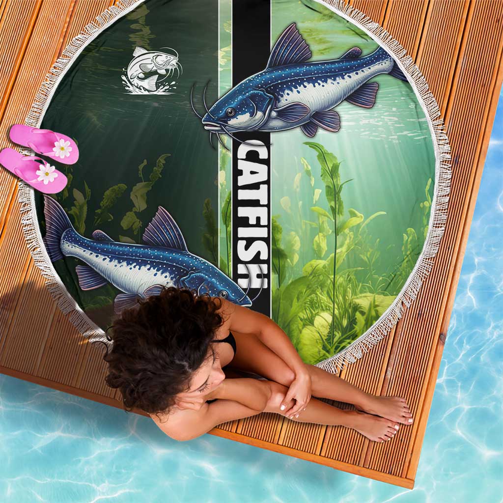 Catfish Fishing Beach Blanket with Underwater River Scene and Green Aquatic Pattern - Wonder Print Shop