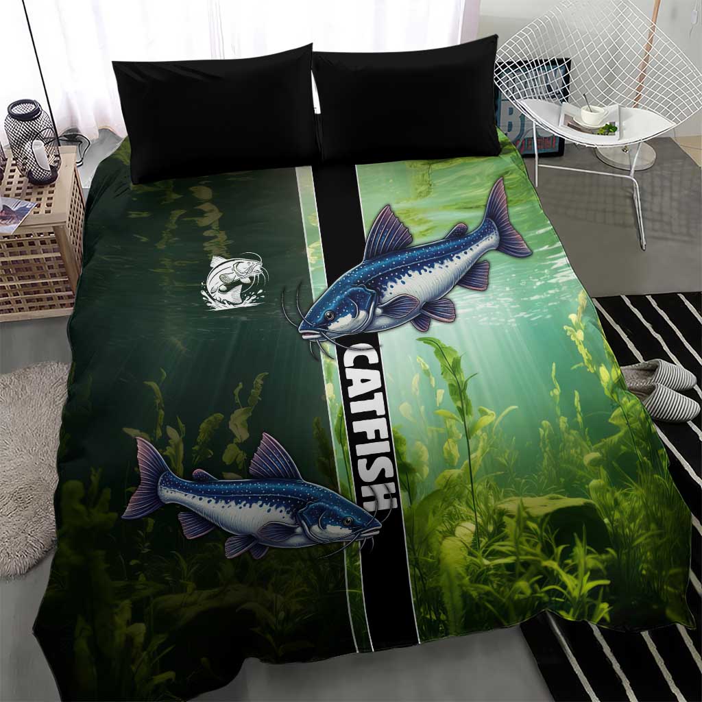 Catfish Fishing Bedding Set with Underwater River Scene and Green Aquatic Pattern - Wonder Print Shop