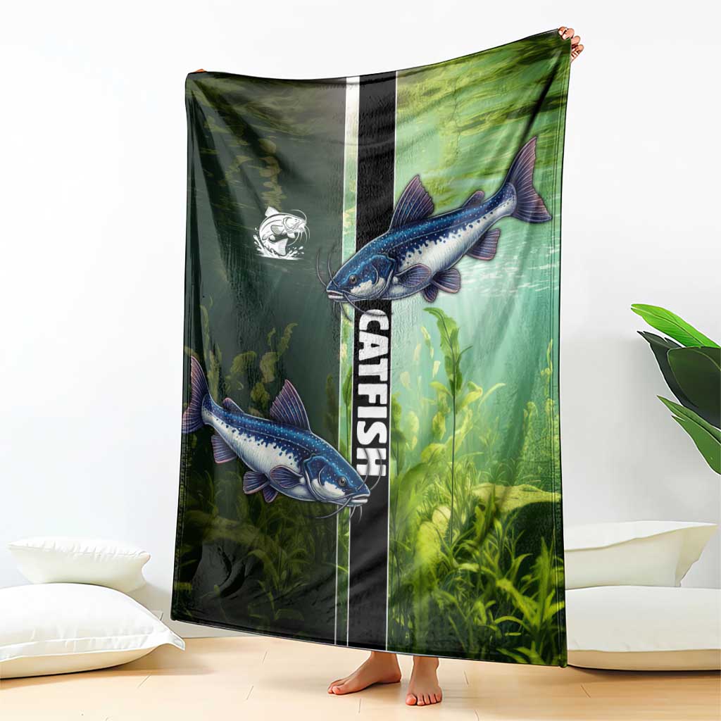 Catfish Fishing Blanket with Underwater River Scene and Green Aquatic Pattern - Wonder Print Shop