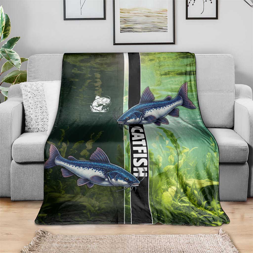 Catfish Fishing Blanket with Underwater River Scene and Green Aquatic Pattern - Wonder Print Shop