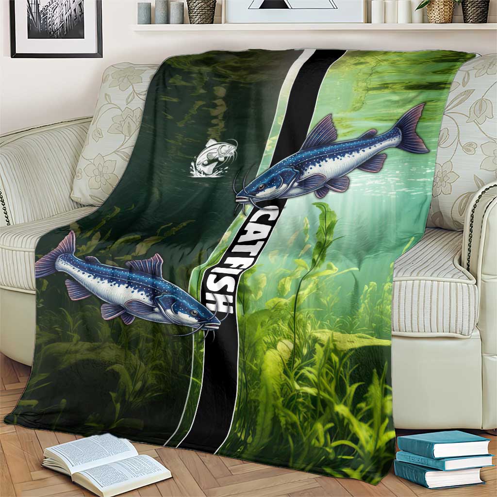 Catfish Fishing Blanket with Underwater River Scene and Green Aquatic Pattern - Wonder Print Shop