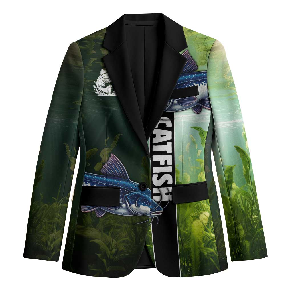 Custom Catfish Fishing Blazer with Underwater River Scene and Green Aquatic Pattern - Wonder Print Shop