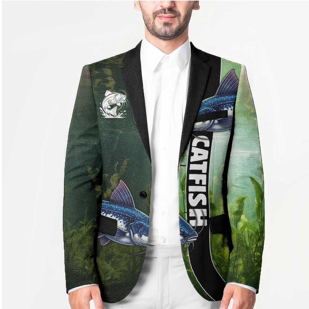 Custom Catfish Fishing Blazer with Underwater River Scene and Green Aquatic Pattern - Wonder Print Shop