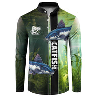 Custom Catfish Fishing Button Sweatshirt with Underwater River Scene and Green Aquatic Pattern - Wonder Print Shop