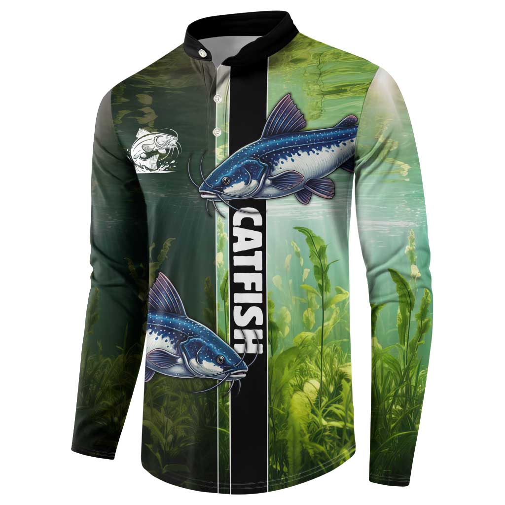 Custom Catfish Fishing Button Sweatshirt with Underwater River Scene and Green Aquatic Pattern - Wonder Print Shop