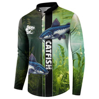 Custom Catfish Fishing Button Sweatshirt with Underwater River Scene and Green Aquatic Pattern - Wonder Print Shop