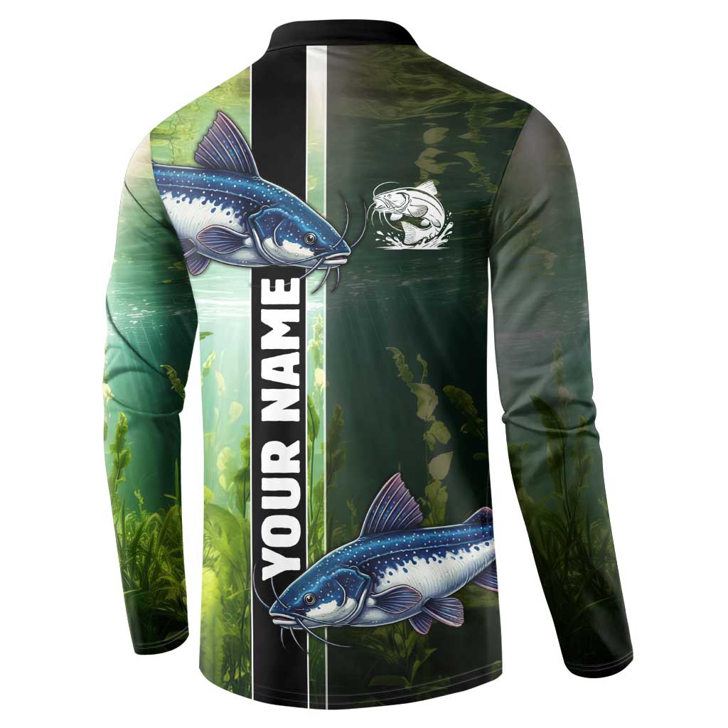 Custom Catfish Fishing Button Sweatshirt with Underwater River Scene and Green Aquatic Pattern - Wonder Print Shop