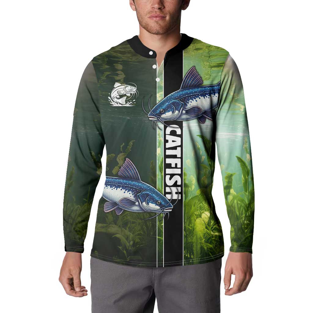 Custom Catfish Fishing Button Sweatshirt with Underwater River Scene and Green Aquatic Pattern - Wonder Print Shop