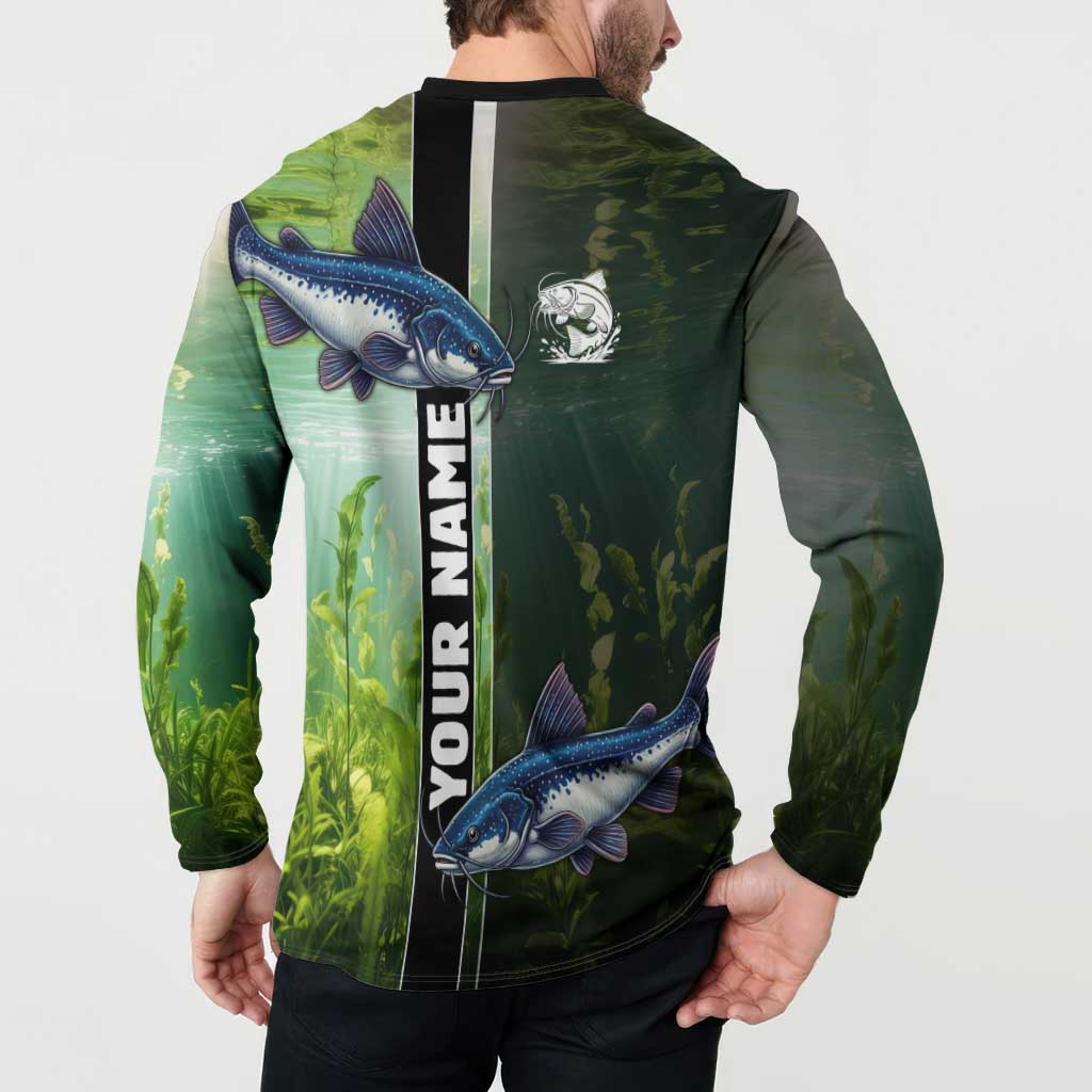 Custom Catfish Fishing Button Sweatshirt with Underwater River Scene and Green Aquatic Pattern - Wonder Print Shop