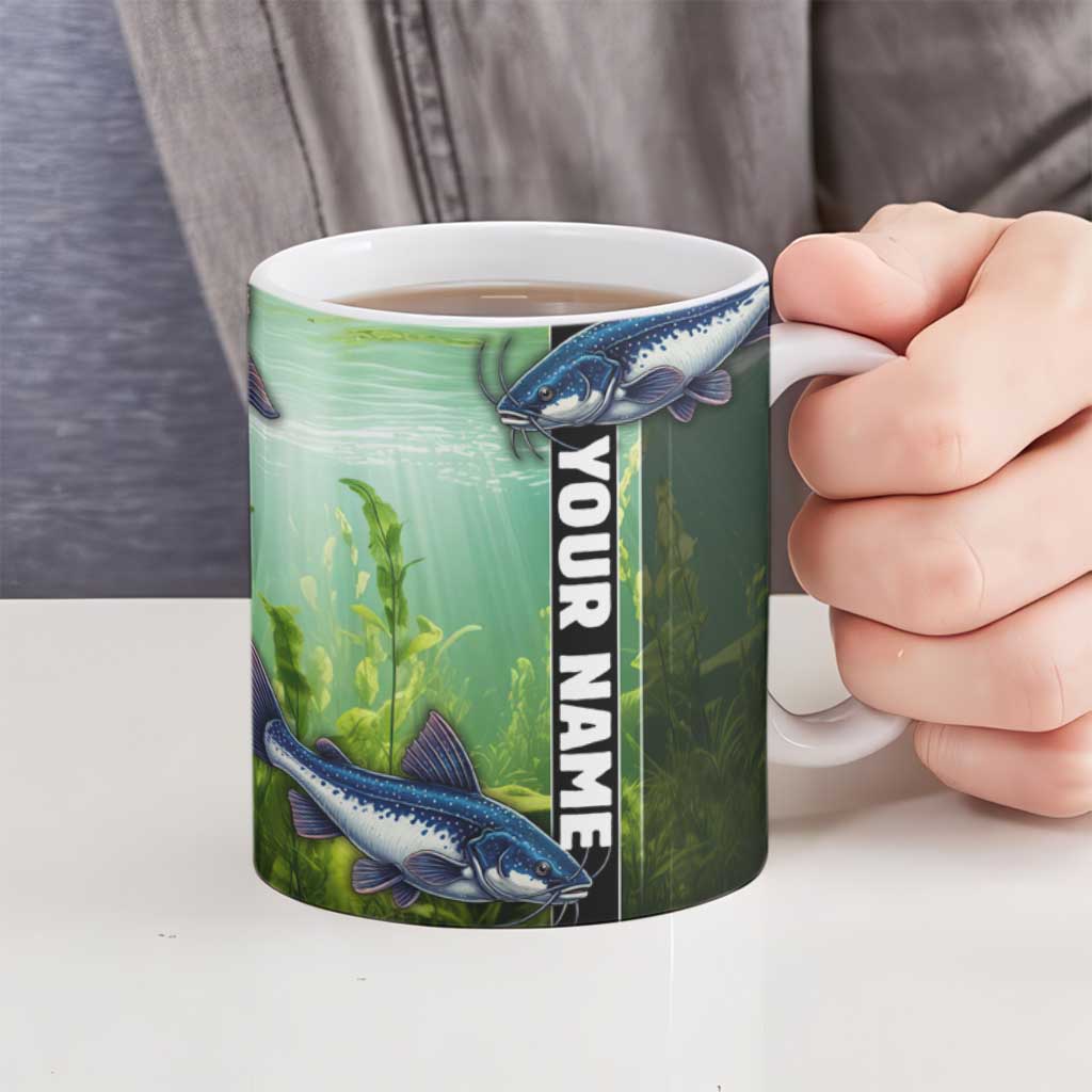 Custom Catfish Fishing Ceramic Mug with Underwater River Scene and Green Aquatic Pattern - Wonder Print Shop